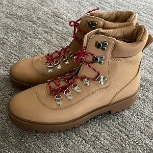 Brand New J. Crew Leather Nordic Boots with red laces Size 9